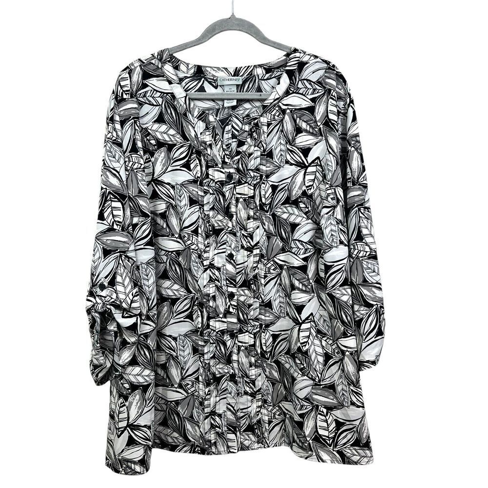 Catherines Women Top Blouse Floral Pleated VNeck Roll Tab Sleeve Black White 4X*